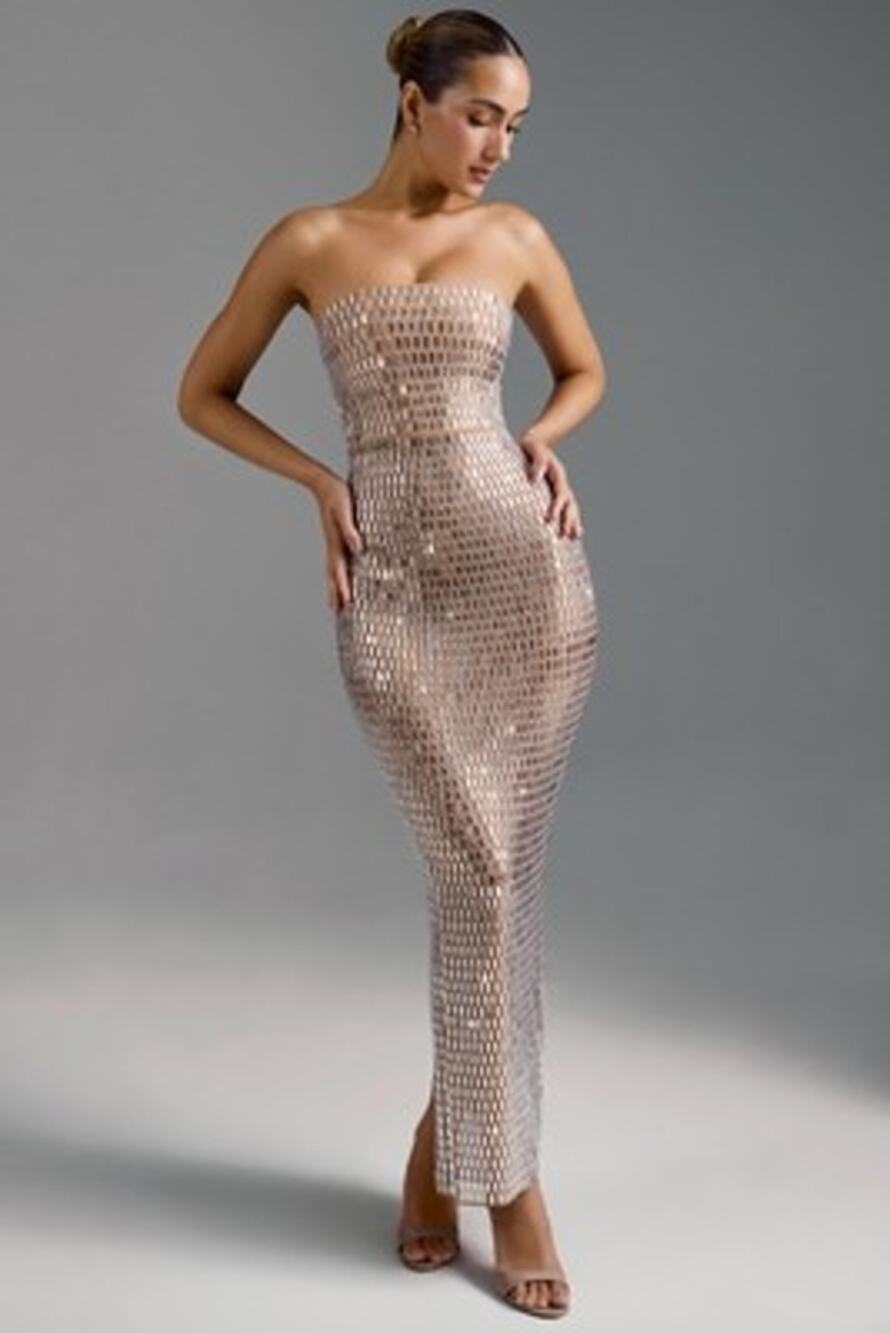 Oh Polly Amaya Hotfix Embellished Bandeau Maxi Dress in White, Size 6